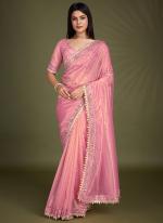 Gold Infused Twill Pink Party Wear Embroidery Work Saree